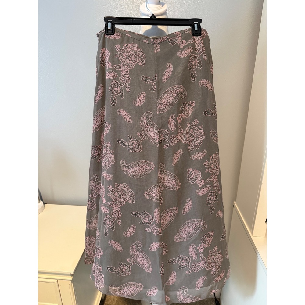 Evan-Picone Silk Paisley Maxi Skirt Grey Pink A-Line Size 10 Office Career Boho